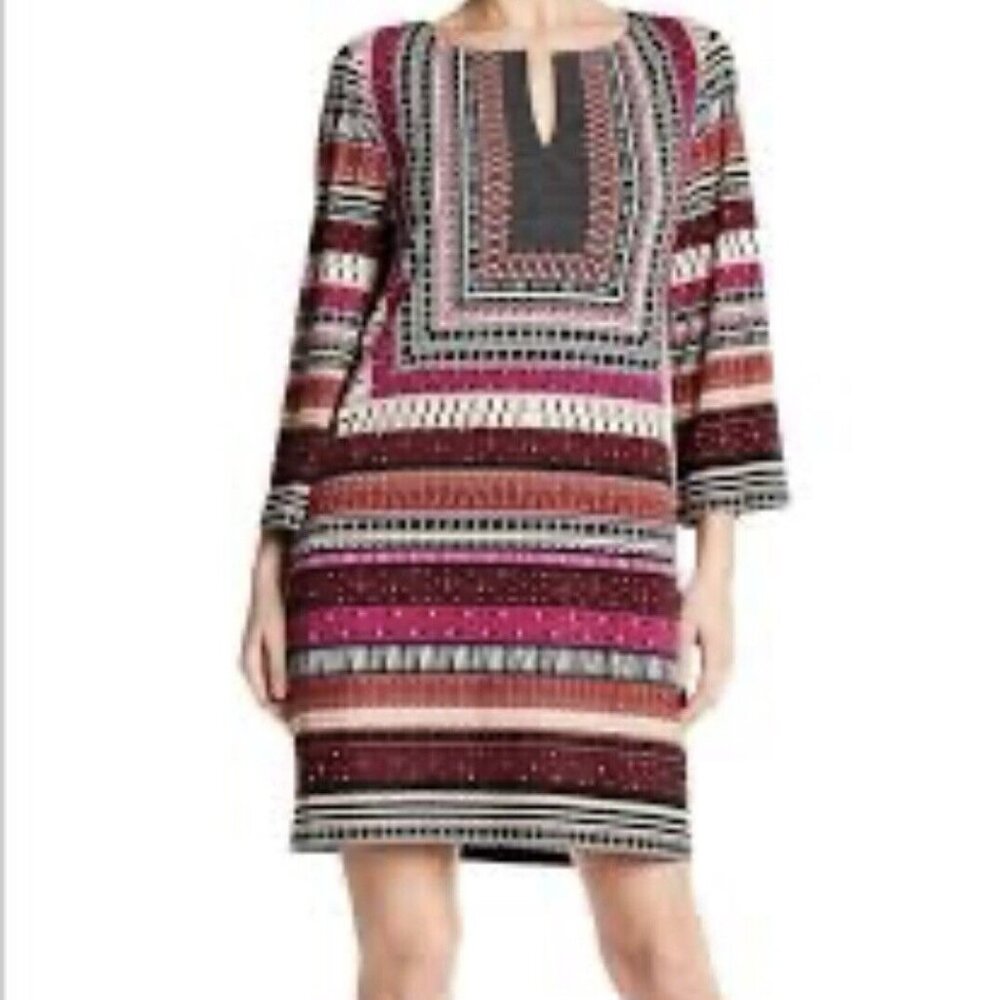 Laundry by Shelli Segal Shift Dress Size Small Multi Striped Tunic Notch V Neck